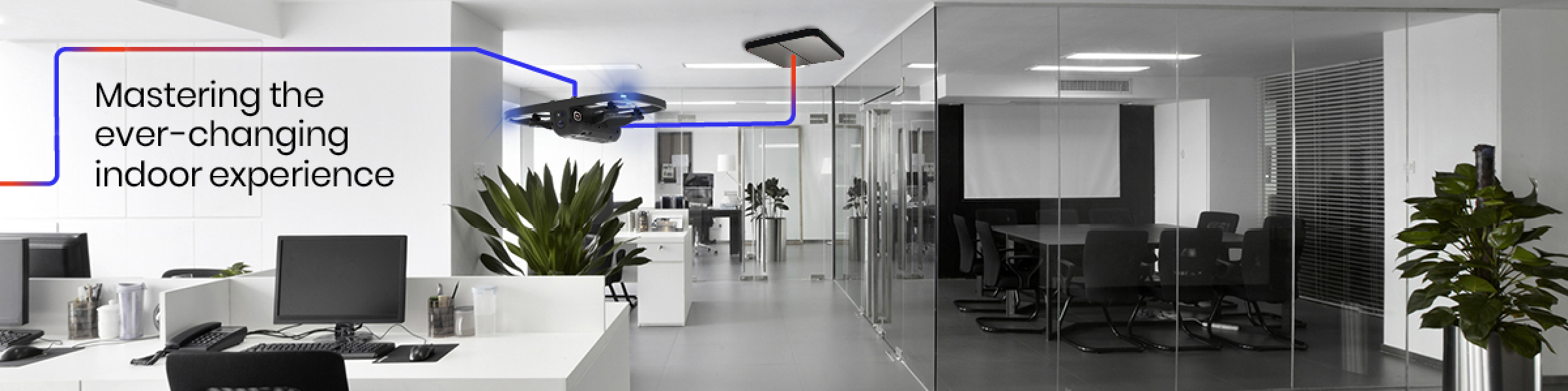 Office drone flight path and ceiling recharge point