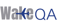 Wake QA Ltd. Logo, white background -Grey and blue text
